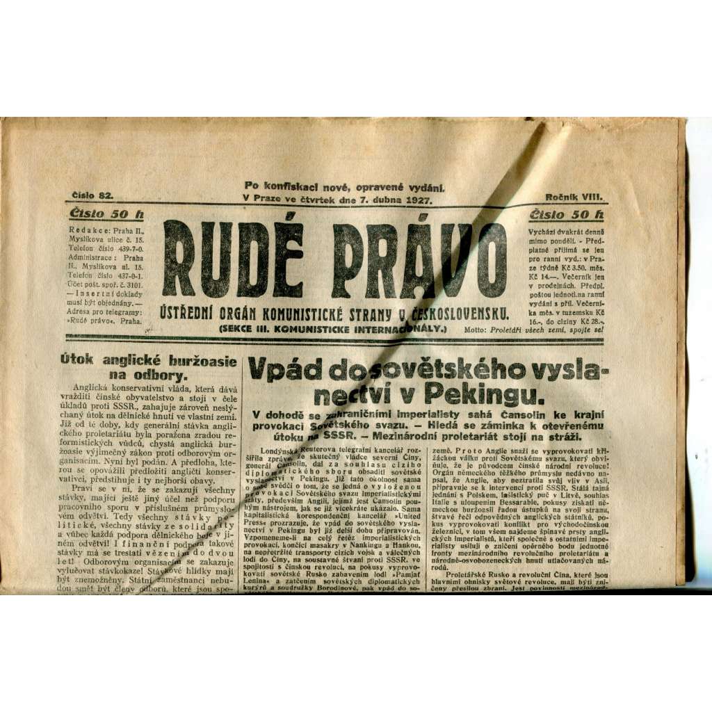 Rudé právo 7.4.1927 (staré noviny, 1. republika)