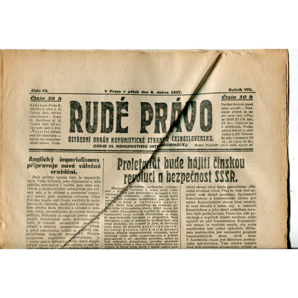 Rudé právo 8.4.1927 (staré noviny, 1. republika)
