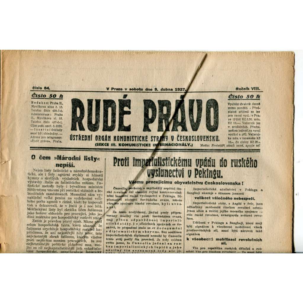 Rudé právo 9.4.1927 (staré noviny, 1. republika)