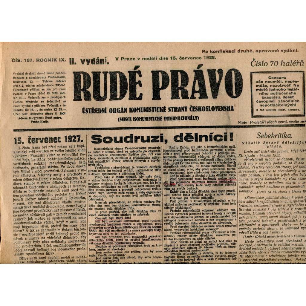 Rudé právo 15.7.1928 (staré noviny, 1. republika)