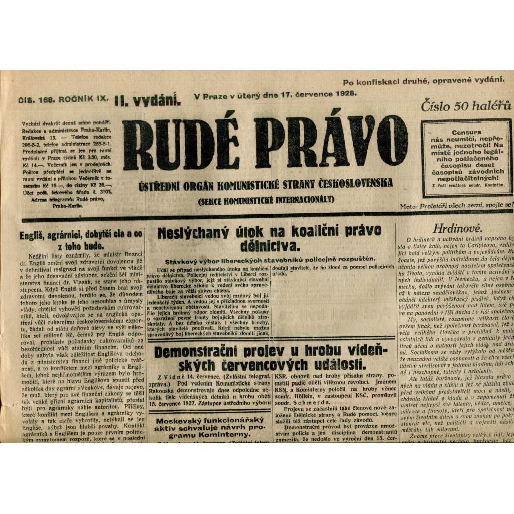 Rudé právo 17.7.1928 (staré noviny, 1. republika)