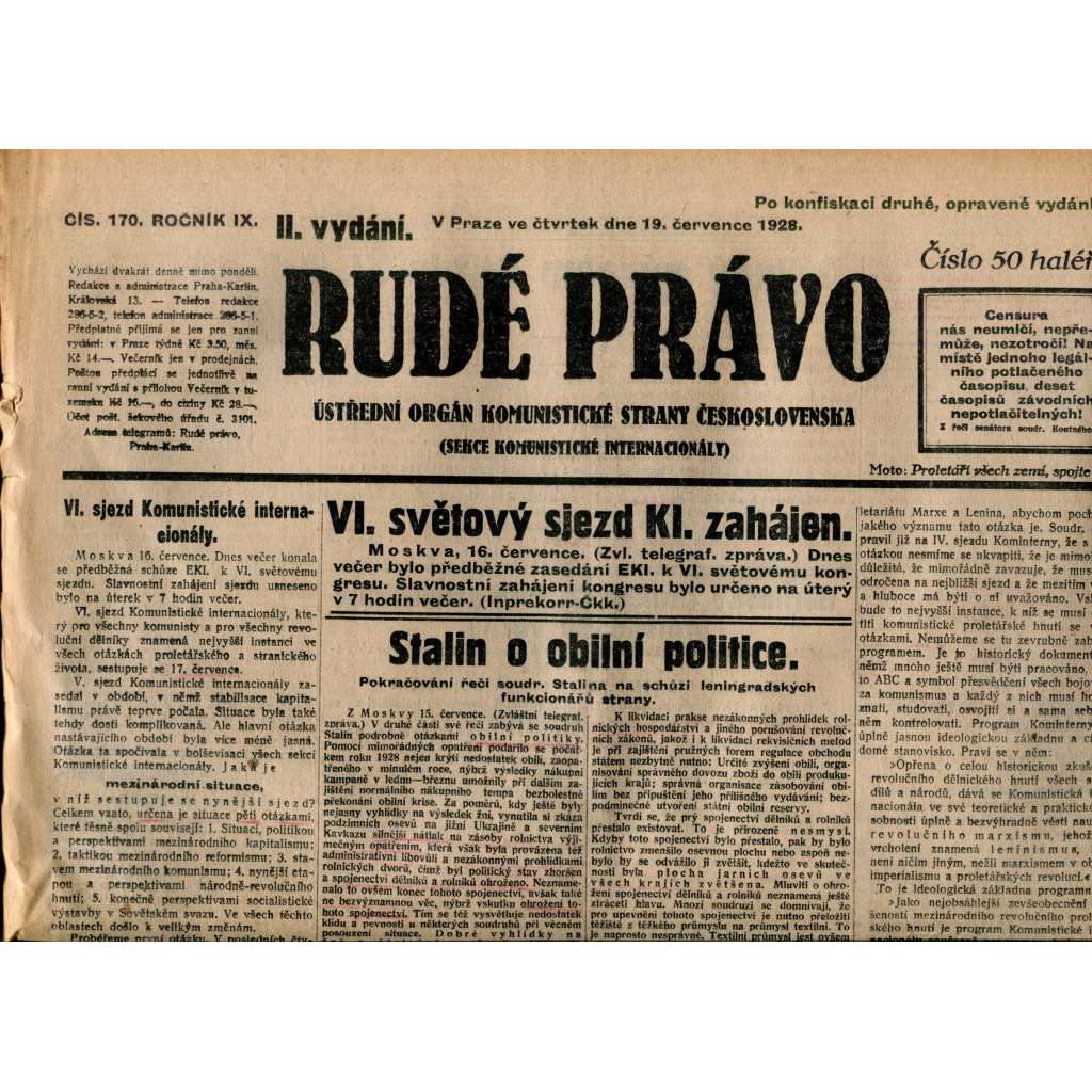 Rudé právo 19.7.1928 (staré noviny, 1. republika) Rudé právo 19.7.1928 (staré noviny, 1. republika)
