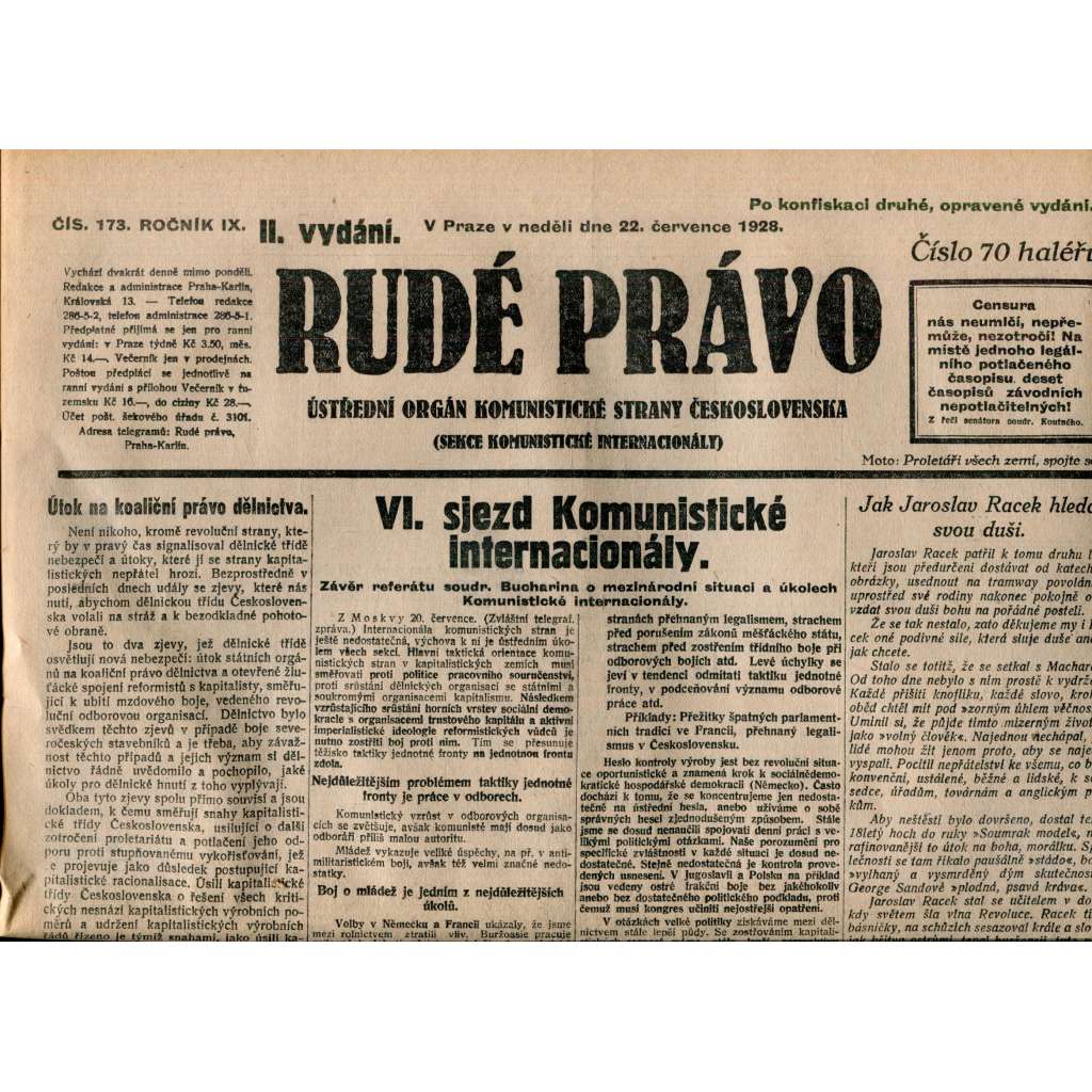 Rudé právo 22.7.1928 (staré noviny, 1. republika) Rudé právo 22.7.1928 (staré noviny, 1. republika)