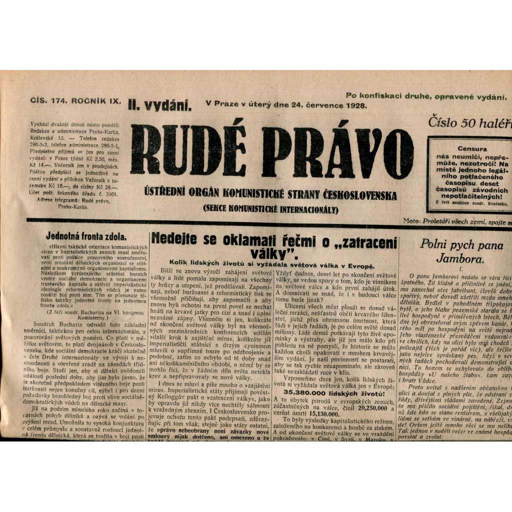 Rudé právo 24.7.1928 (staré noviny, 1. republika) Rudé právo 24.7.1928 (staré noviny, 1. republika)