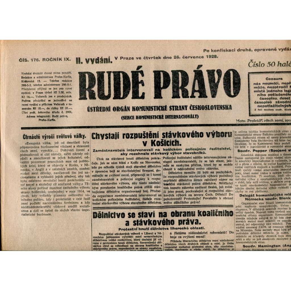 Rudé právo 26.7.1928 (staré noviny, 1. republika) Rudé právo 26.7.1928 (staré noviny, 1. republika)