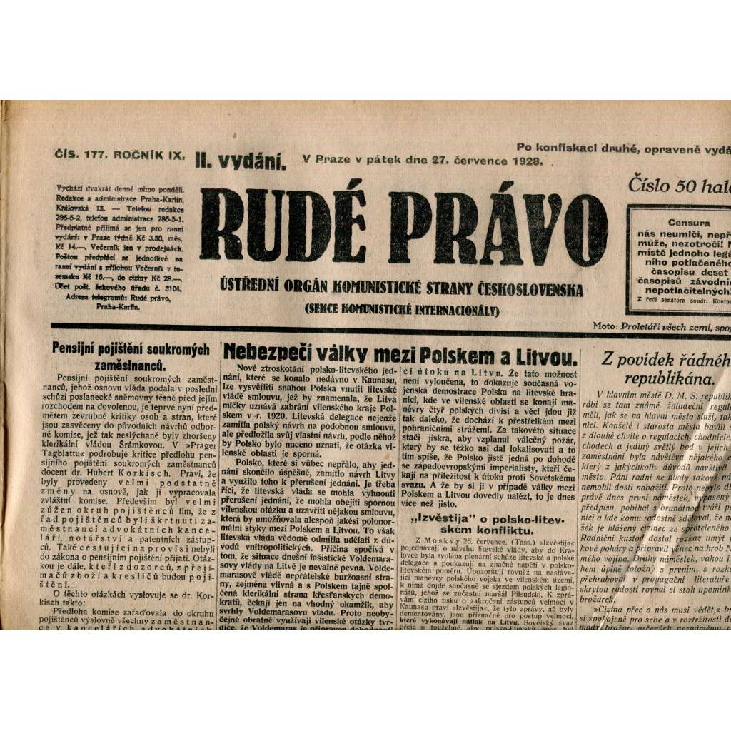 Rudé právo 27.7.1928 (staré noviny, 1. republika) Rudé právo 27.7.1928 (staré noviny, 1. republika)