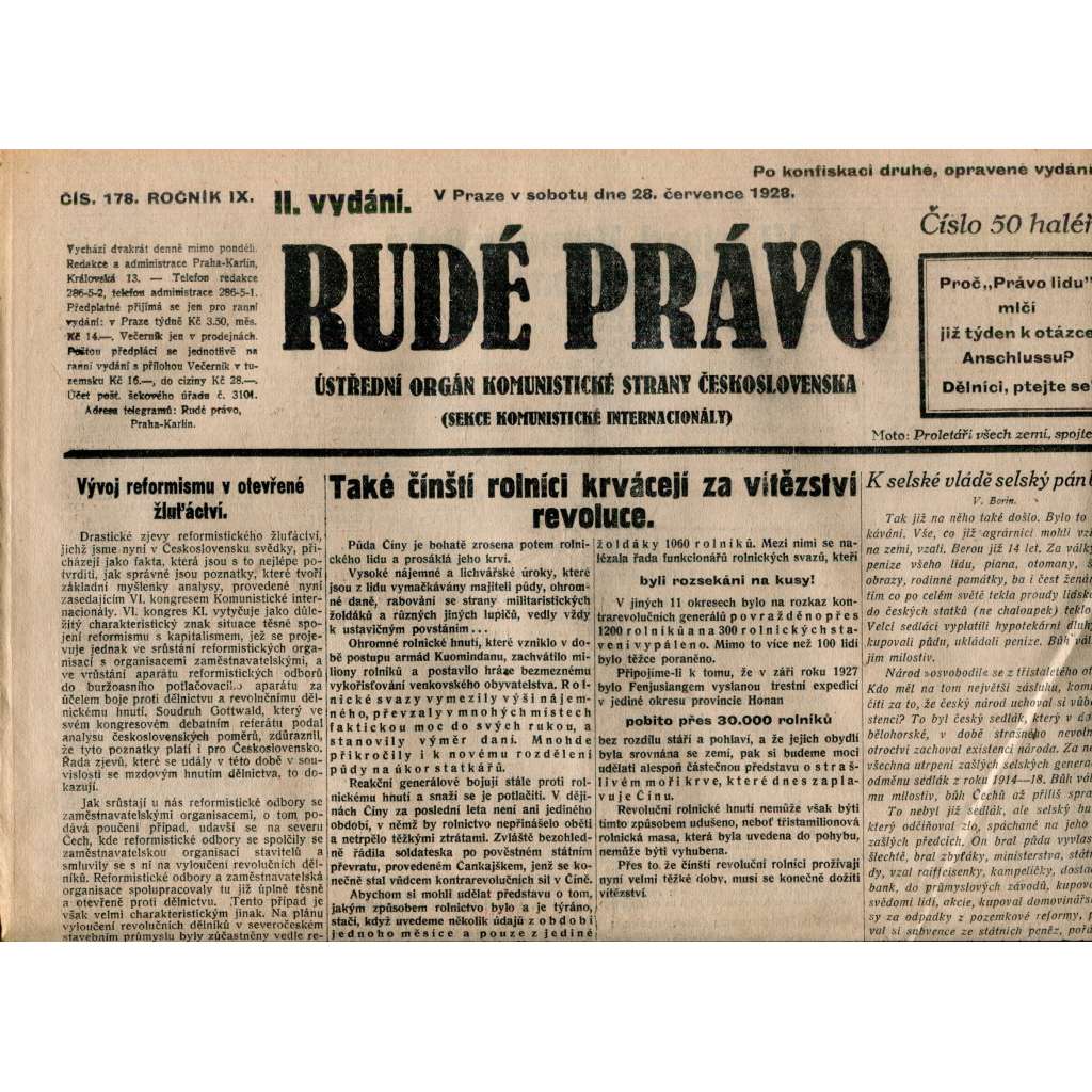 Rudé právo 28.7.1928 (staré noviny, 1. republika) Rudé právo 28.7.1928 (staré noviny, 1. republika)
