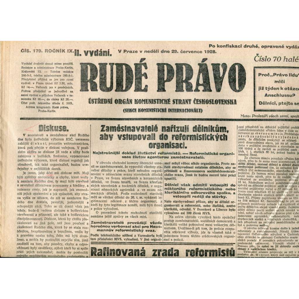 Rudé právo 29.7.1928 (staré noviny, 1. republika)