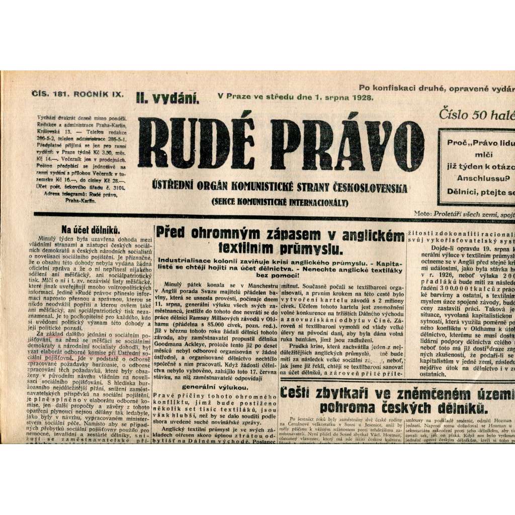 Rudé právo 1.8.1928 (staré noviny, 1. republika)