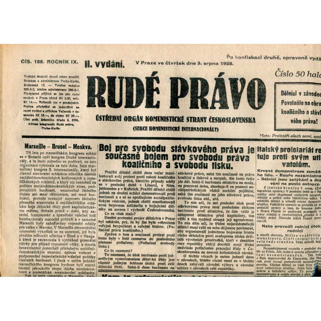 Rudé právo 9.8.1928 (staré noviny, 1. republika)