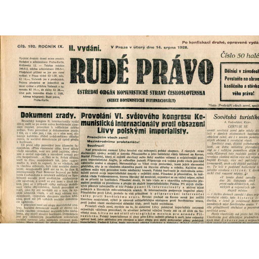 Rudé právo 14.8.1928 (staré noviny, 1. republika)