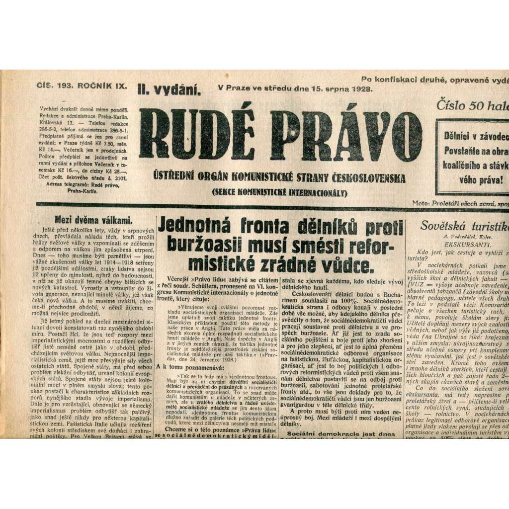 Rudé právo 15.8.1928 (staré noviny, 1. republika)