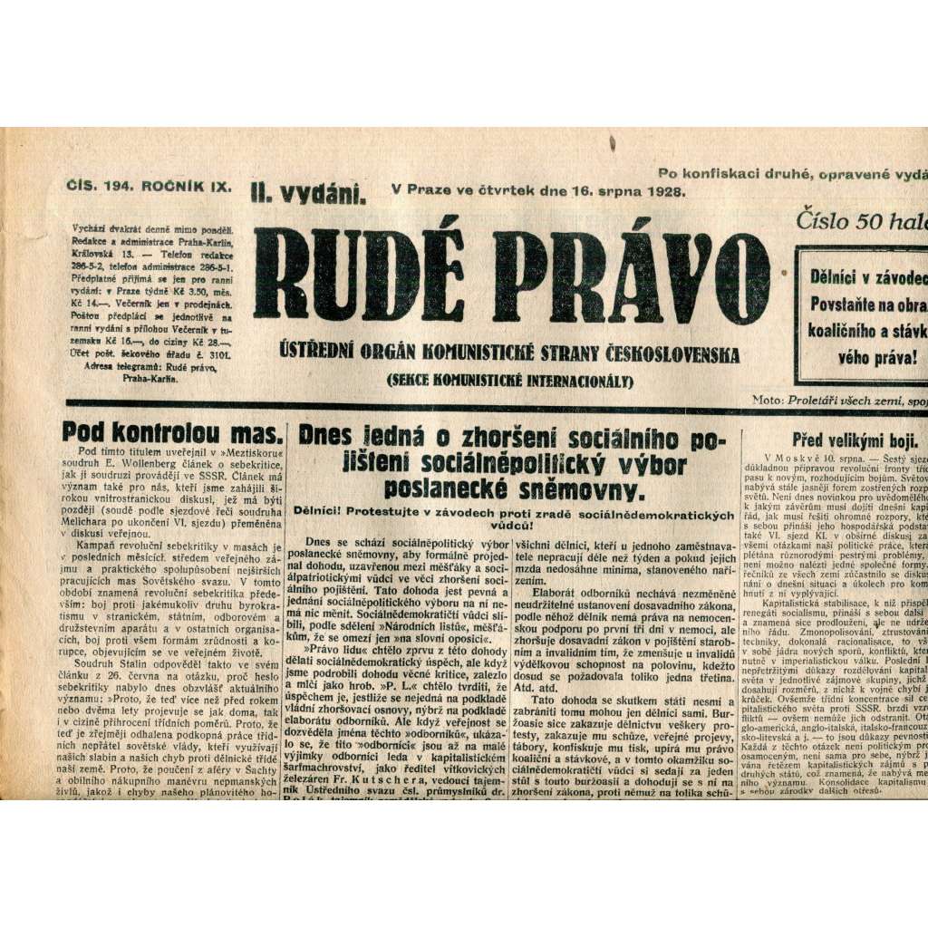 Rudé právo 16.8.1928 (staré noviny, 1. republika)