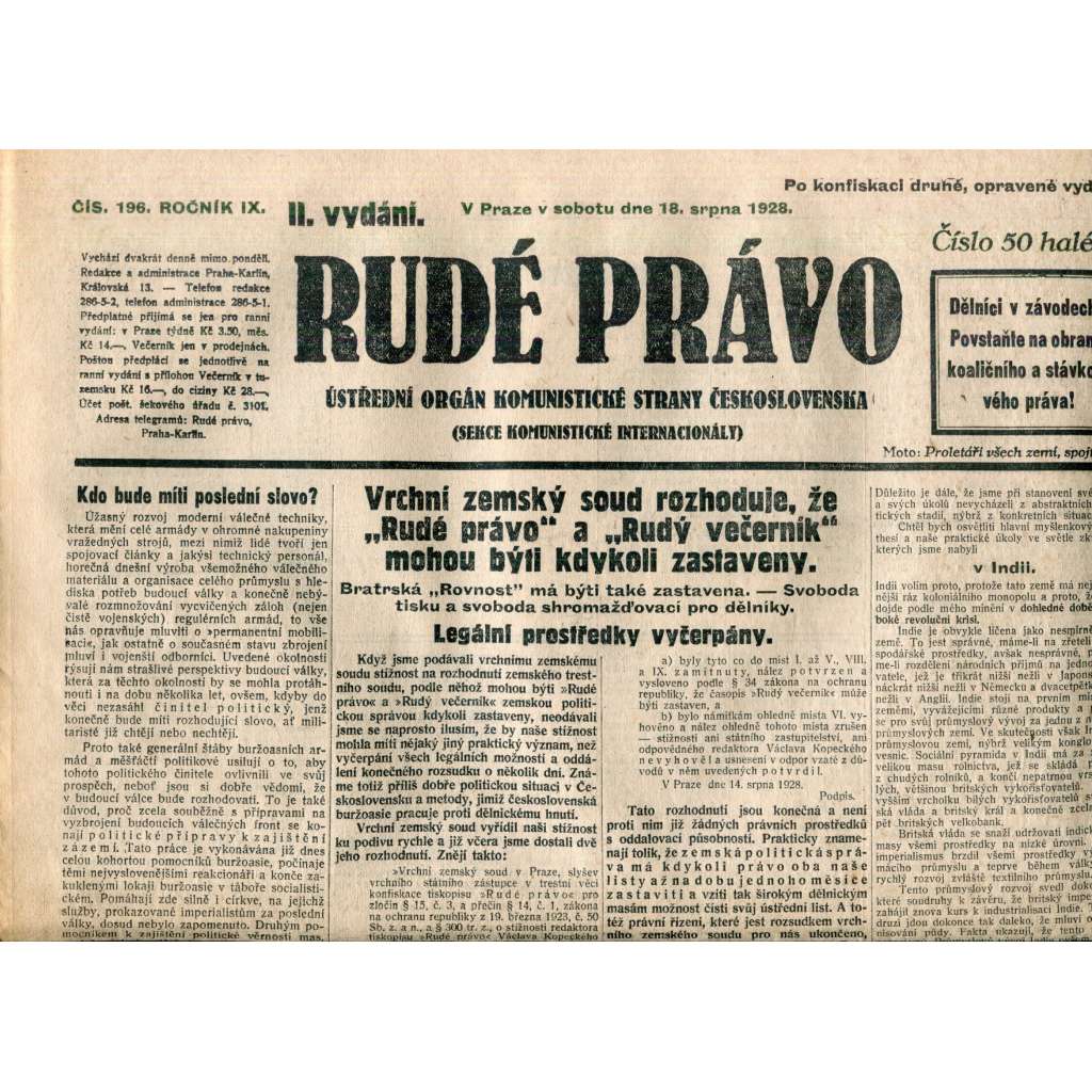 Rudé právo 18.8.1928 (staré noviny, 1. republika)