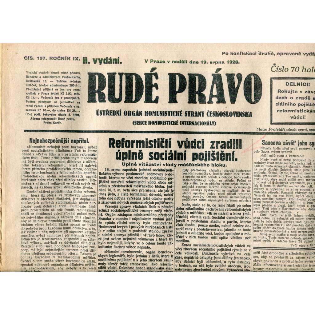 Rudé právo 19.8.1928 (staré noviny, 1. republika)
