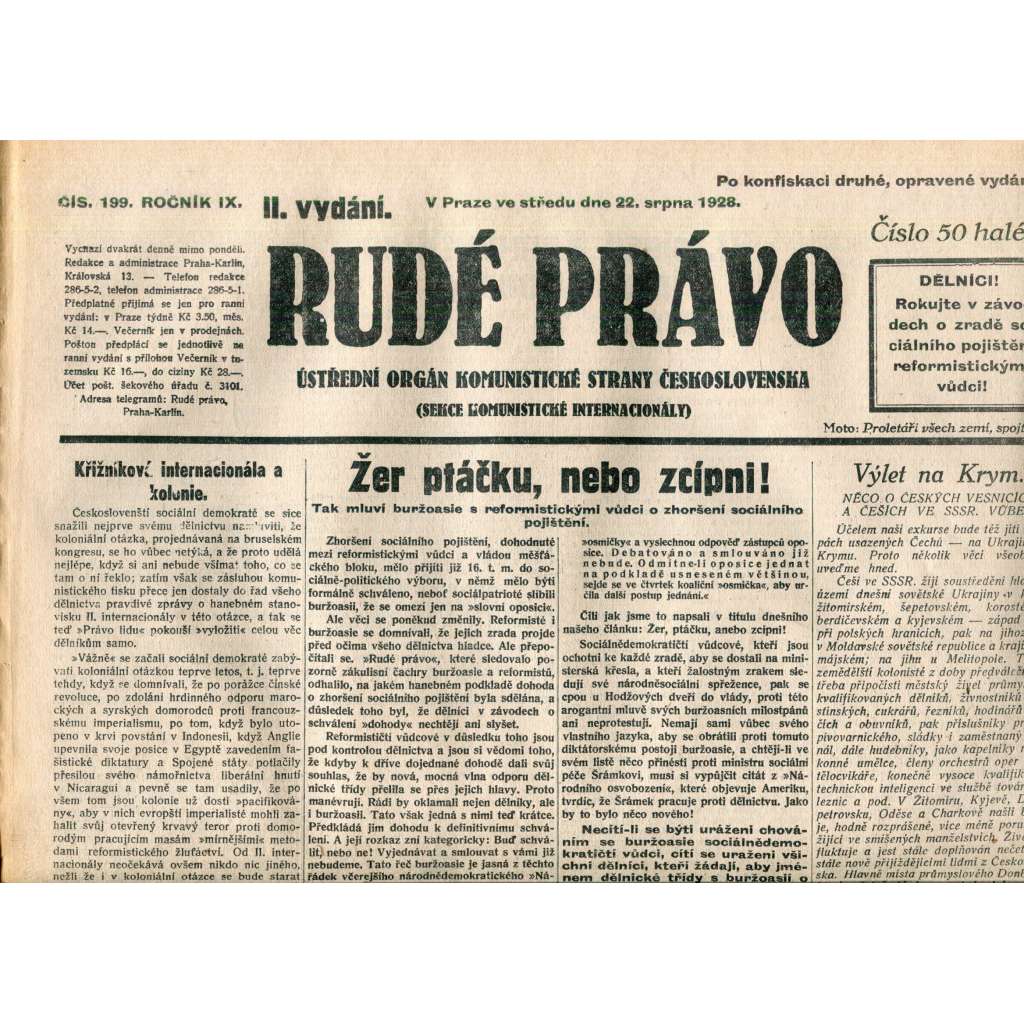 Rudé právo 22.8.1928 (staré noviny, 1. republika)