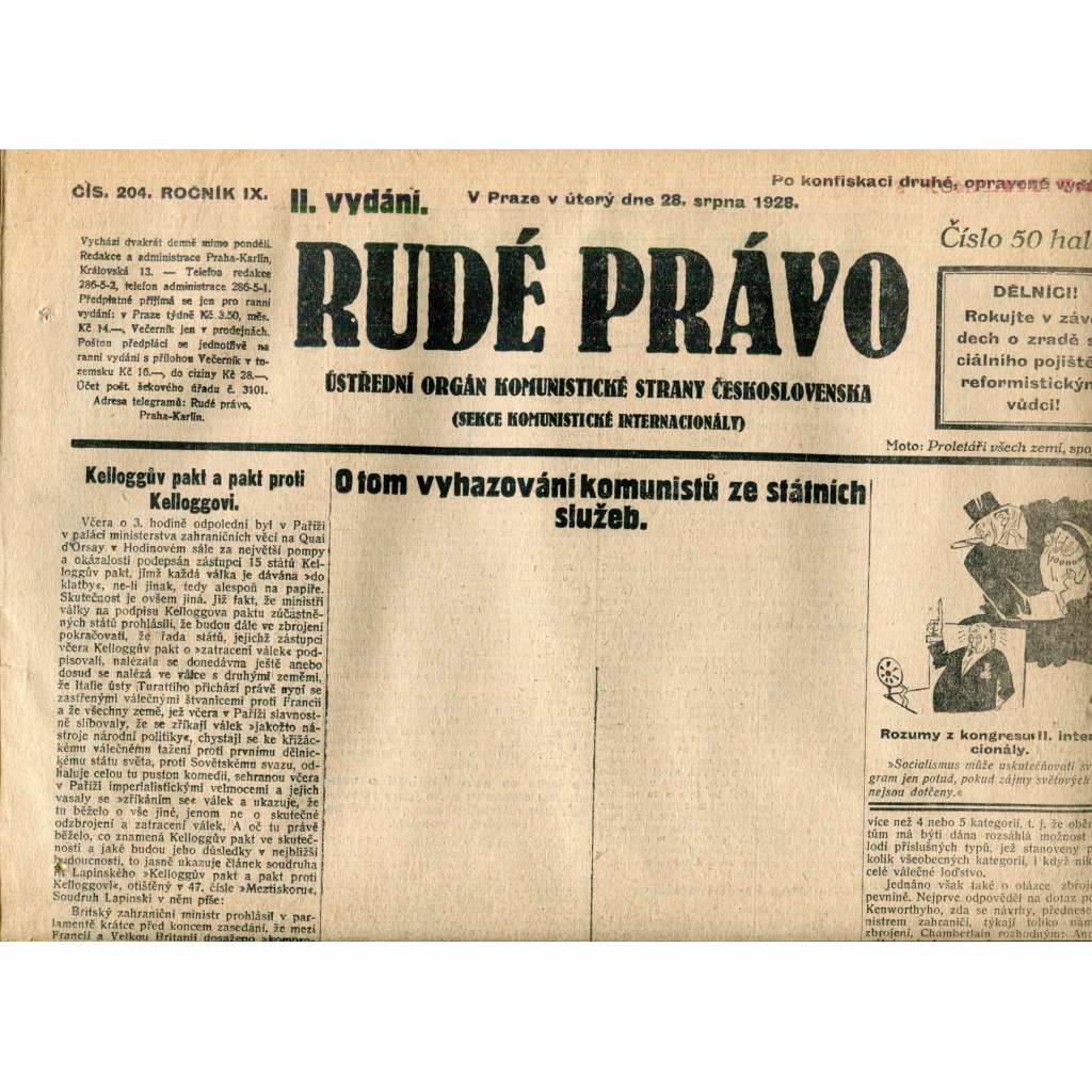 Rudé právo 28.8.1928 (staré noviny, 1. republika)