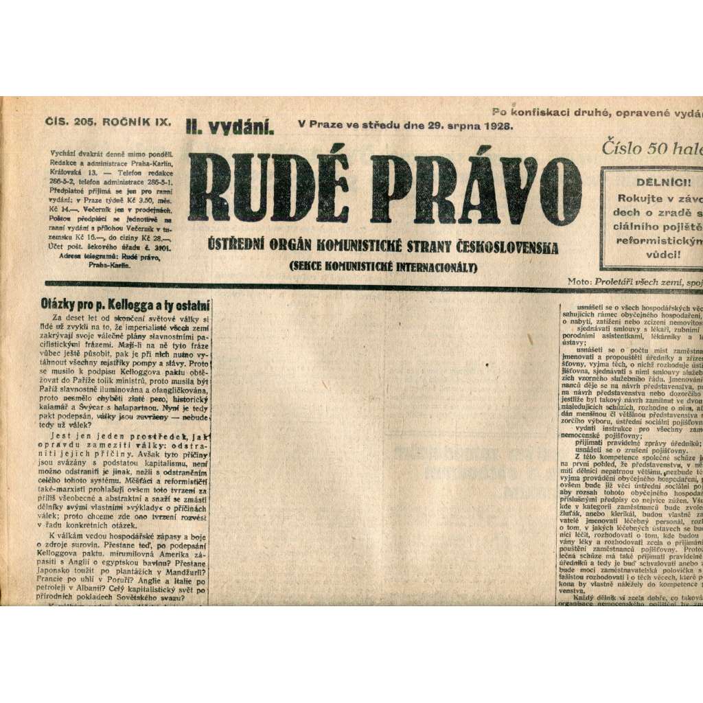 Rudé právo 29.8.1928 (staré noviny, 1. republika)