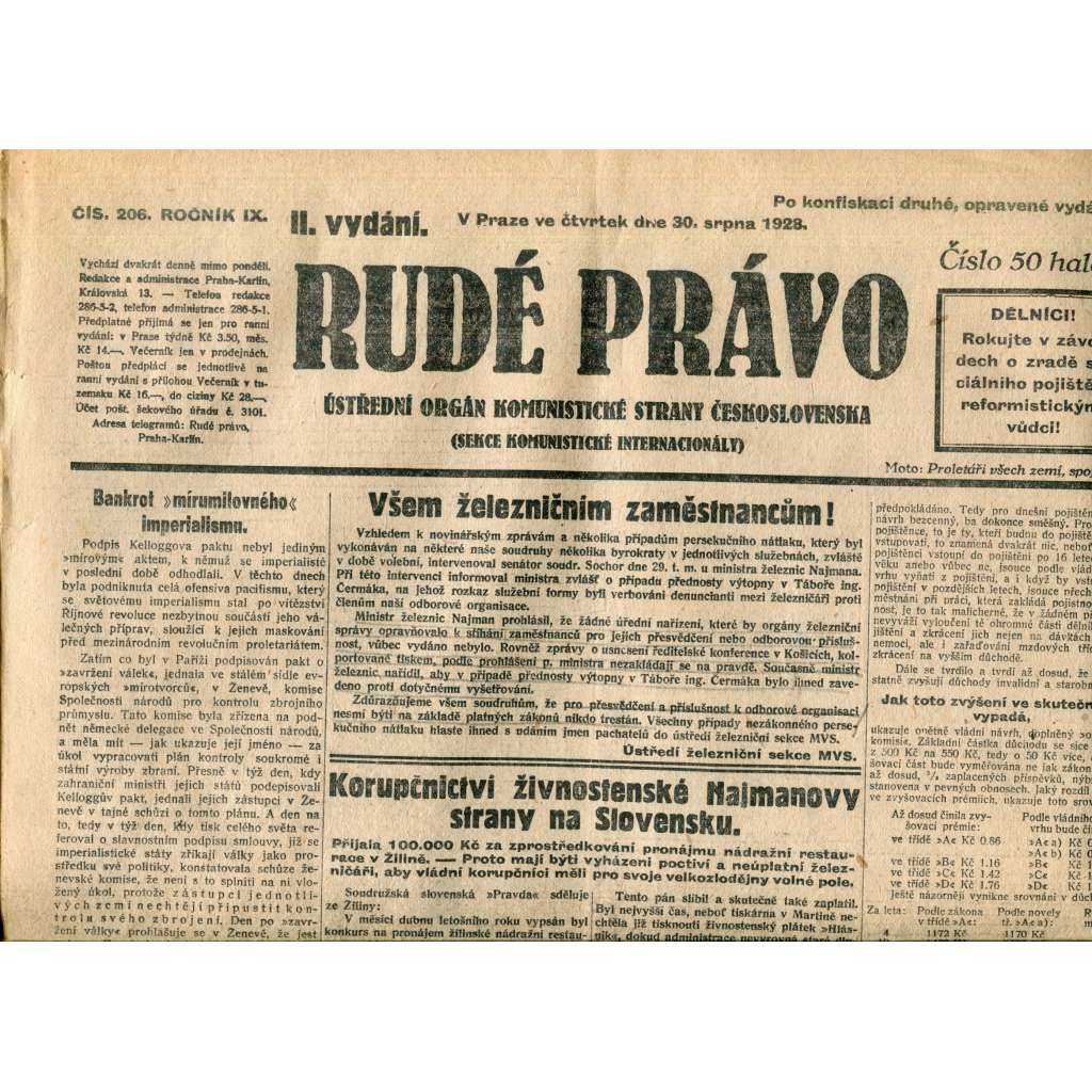 Rudé právo 30.8.1928 (staré noviny, 1. republika)