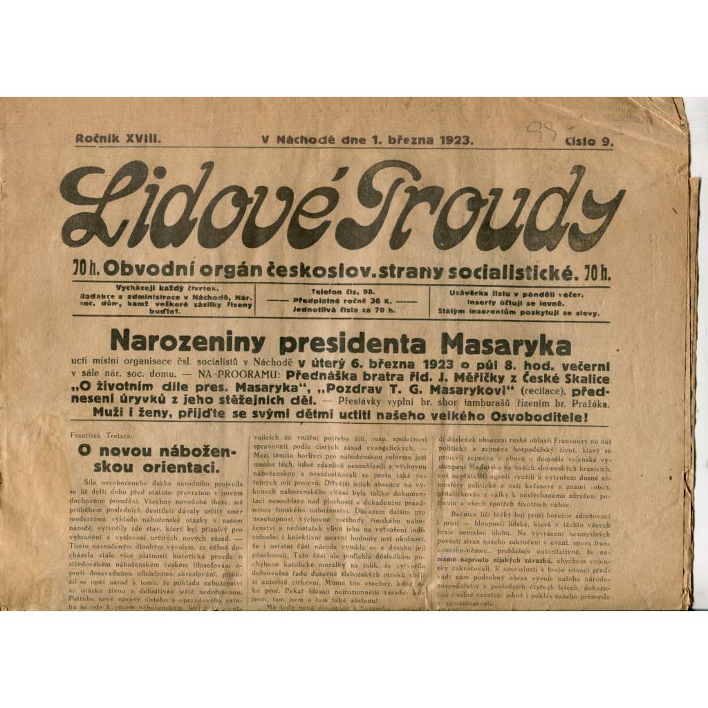 Lidové proudy 1.3.1923 (1. republika, staré noviny) - pošk. Lidové proudy 1.3.1923 (1. republika, staré noviny) - pošk.