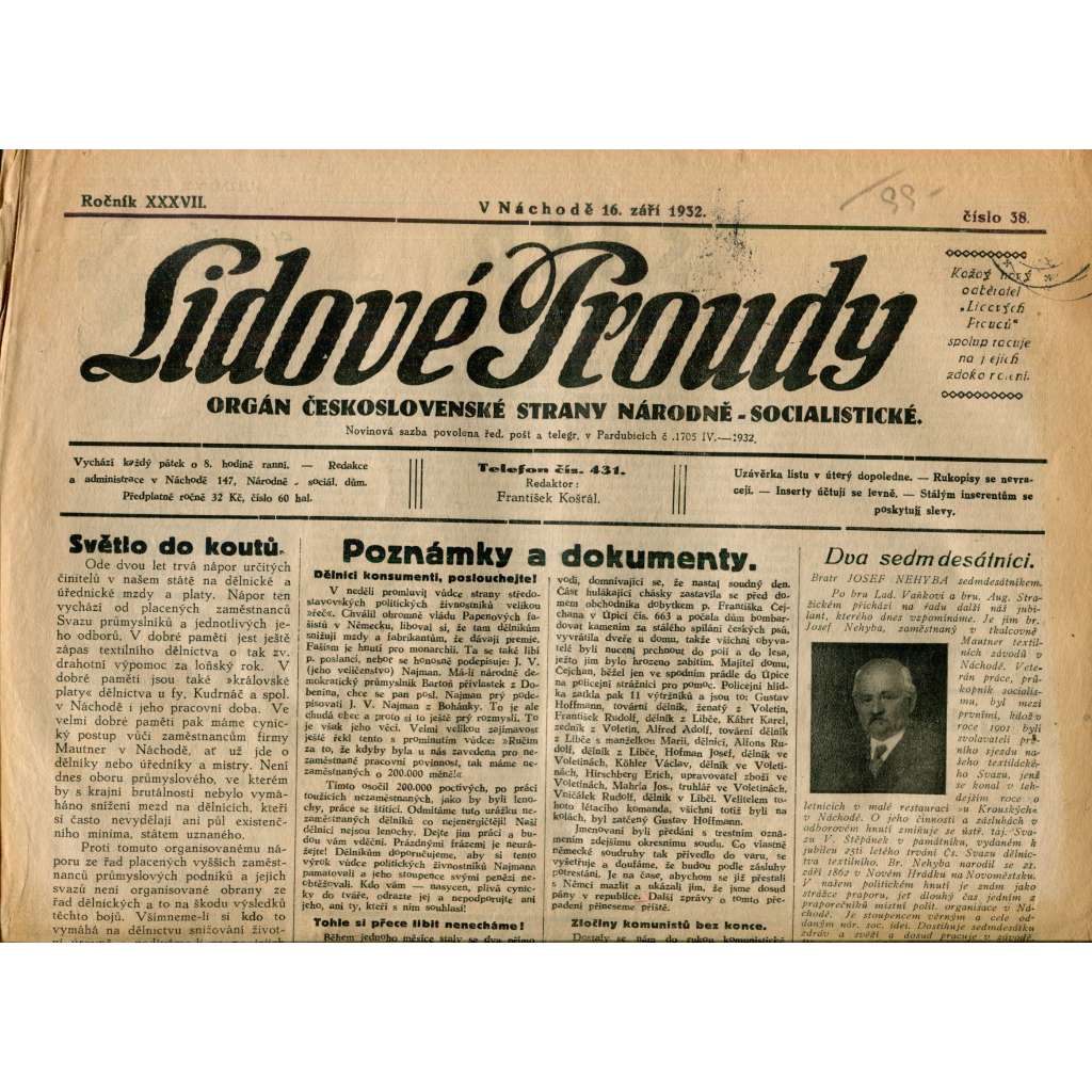 Lidové proudy 16.9.1932 (1. republika, staré noviny) Lidové proudy 16.9.1932 (1. republika, staré noviny)