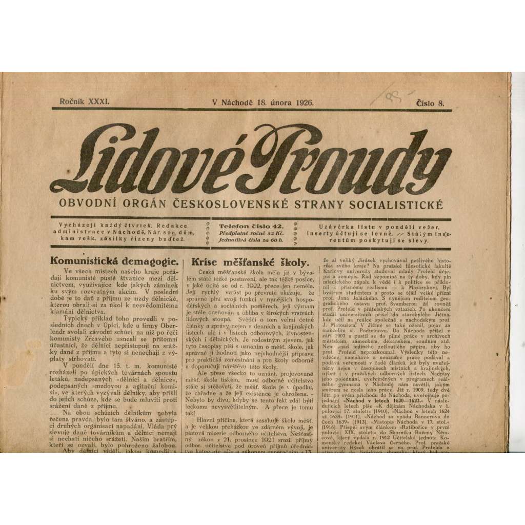 Lidové proudy 18.2.1926 (1. republika, staré noviny) Lidové proudy 18.2.1926 (1. republika, staré noviny)