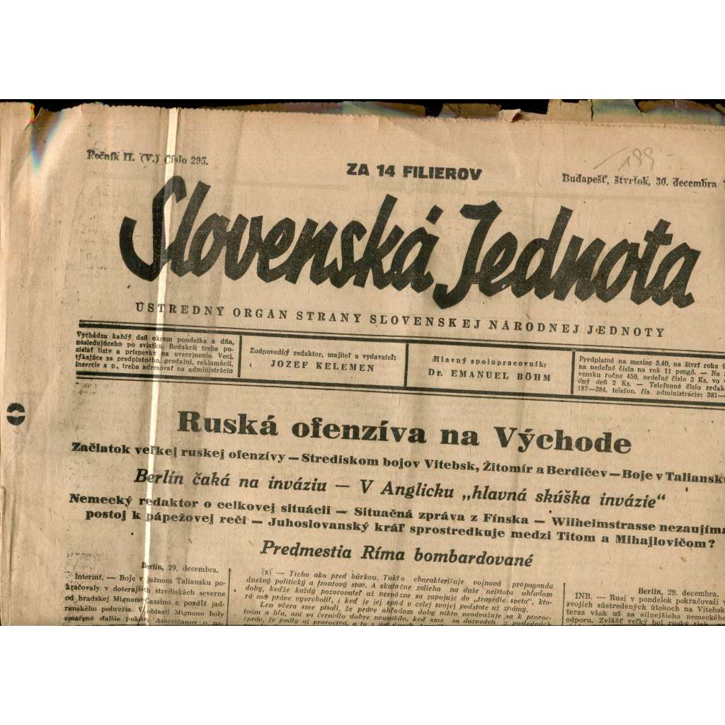 Slovenská jednota 30.12.1943 (staré noviny, Slovensko, text slovensky) - pošk. Slovenská jednota 30.12.1943 (staré noviny, Slovensko, text slovensky) - pošk.