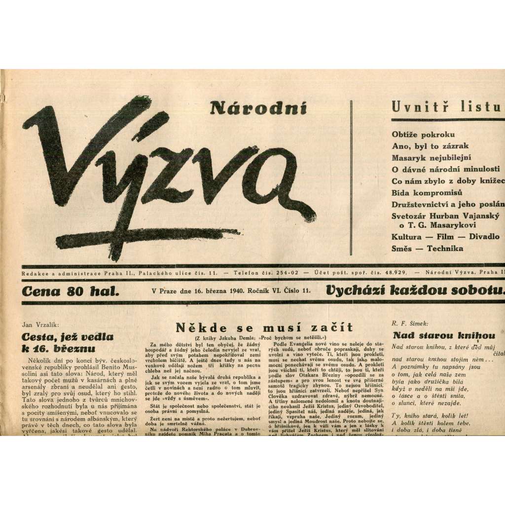 Národní výzva 16. 3.1940 (protektorát, noviny)