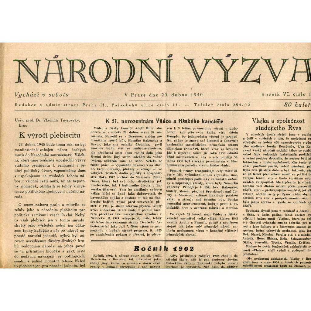 Národní výzva 20.4.1940 (protektorát, noviny)