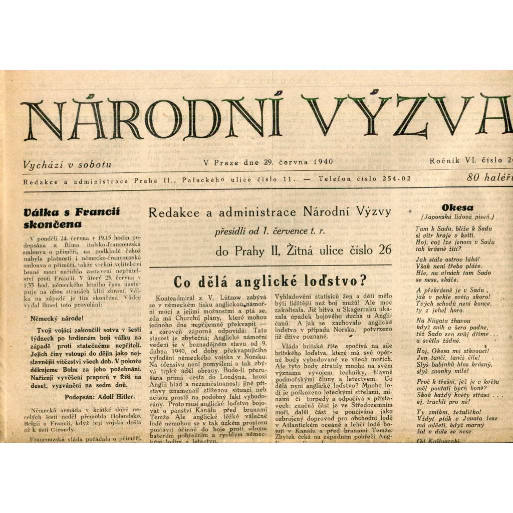 Národní výzva 29.6.1940 (protektorát, noviny)