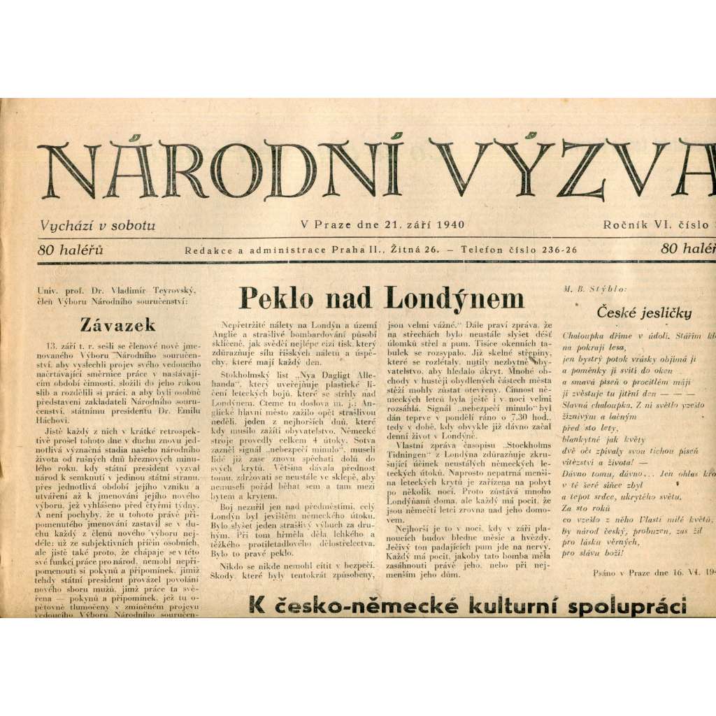 Národní výzva 21.9.1940 (protektorát, noviny)