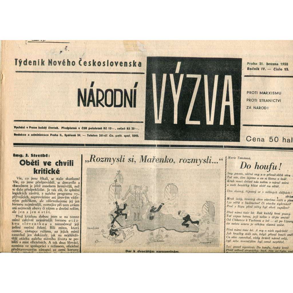 Národní výzva 31.3.1938 (1. republika, noviny)