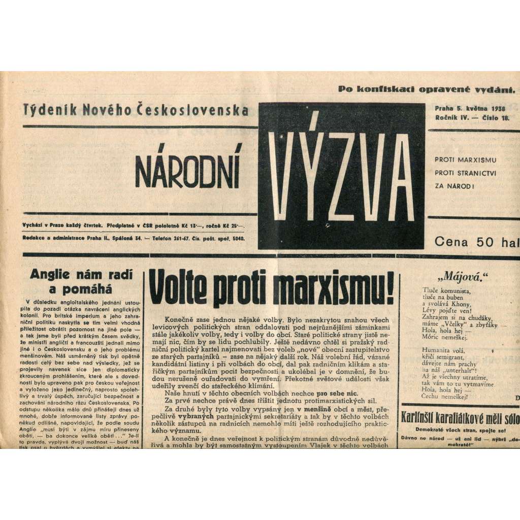 Národní výzva 5.5.1938 (1. republika, noviny)