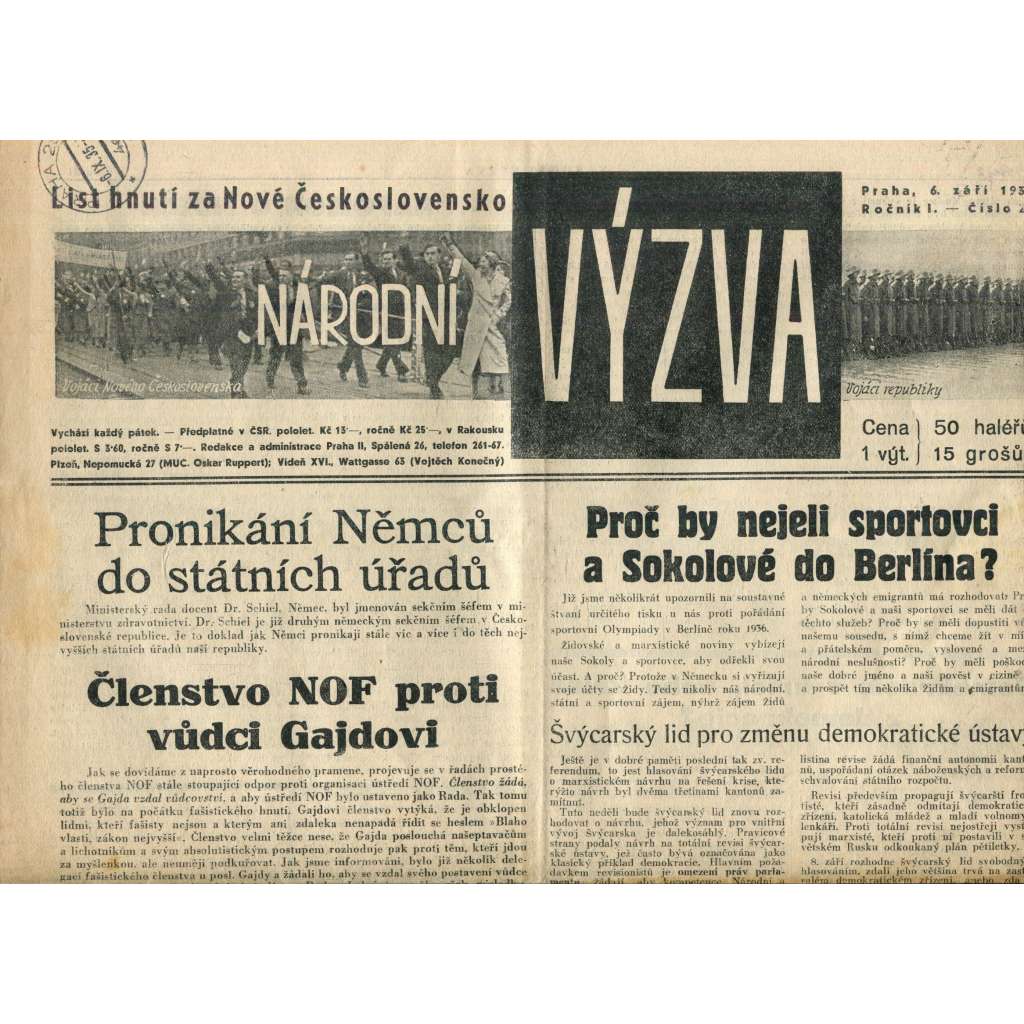 Národní výzva 6.9.1935 (1. republika, noviny) Národní výzva 6.9.1935 (1. republika, noviny)