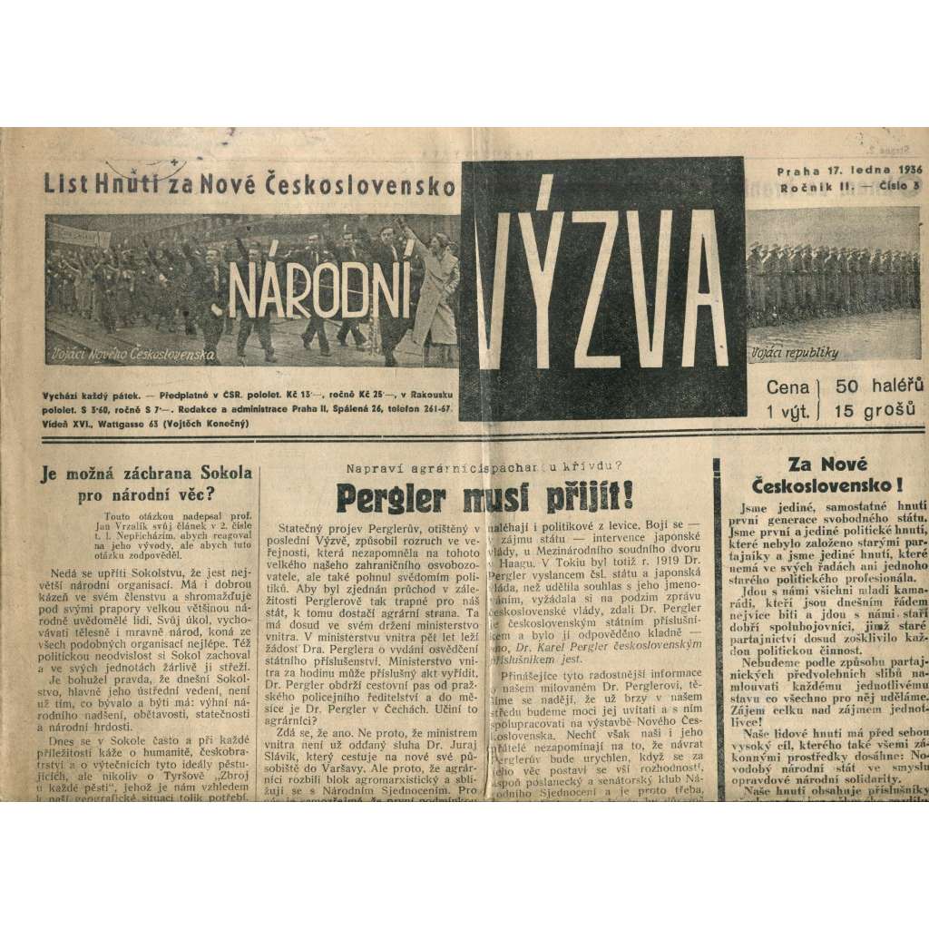 Národní výzva 17.1.1936 (1. republika, noviny) Národní výzva 17.1.1936 (1. republika, noviny)