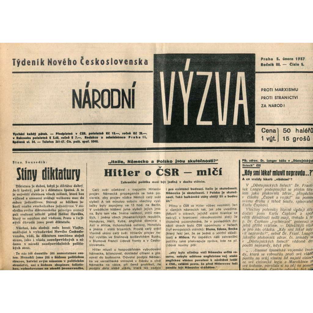 Národní výzva 5.2.1936 (1. republika, noviny) Národní výzva 5.2.1936 (1. republika, noviny)
