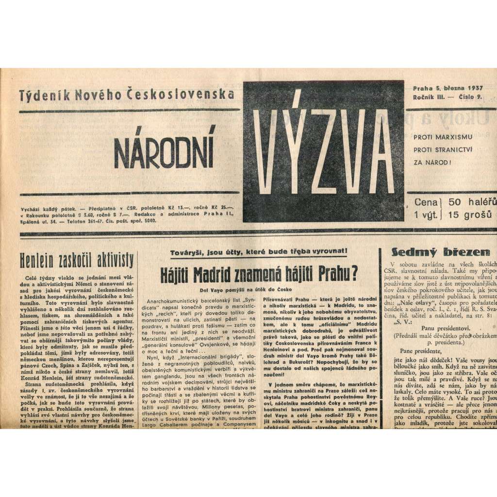 Národní výzva 5.3.1937 (1. republika, noviny) Národní výzva 5.3.1937 (1. republika, noviny)