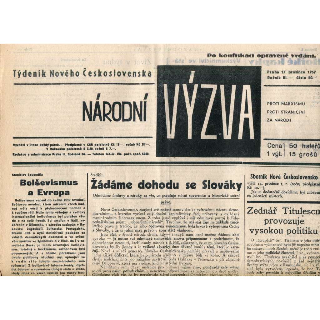 Národní výzva 17.12.1937 (1. republika, noviny) Národní výzva 17.12.1937 (1. republika, noviny)