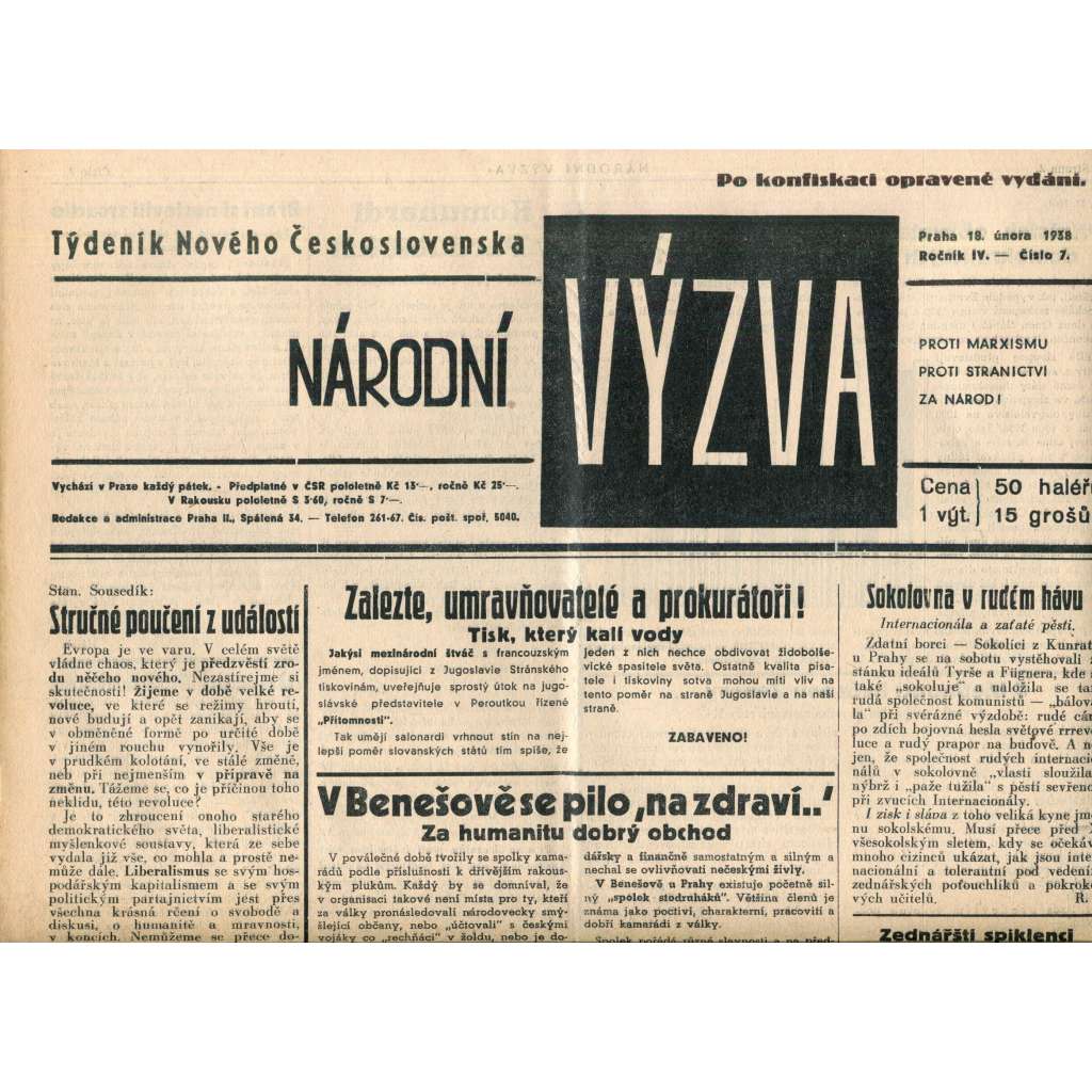 Národní výzva 18.2.1938 (1. republika, noviny) Národní výzva 18.2.1938 (1. republika, noviny)