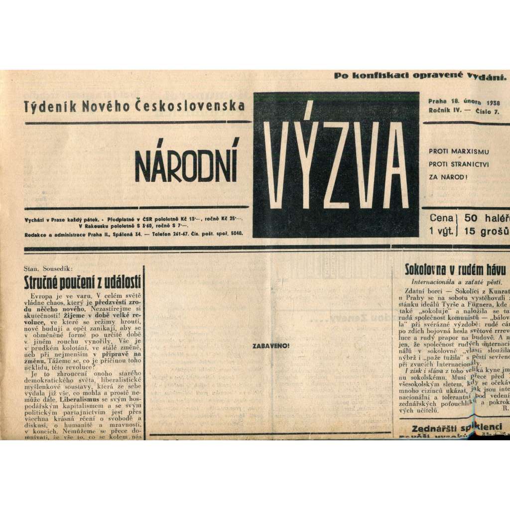 Národní výzva 18.2.1938 (1. republika, noviny)