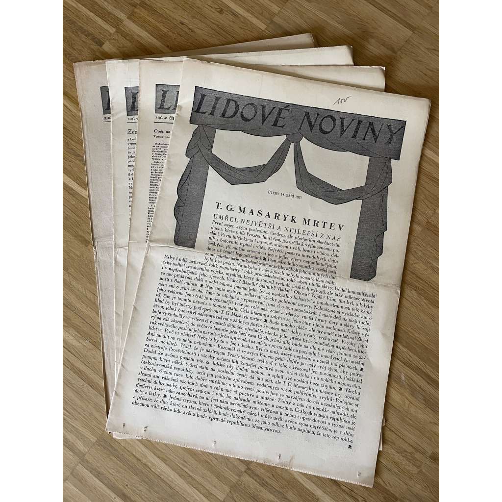 Lidové noviny - In memoriam T.G.M. (noviny 4 kusy, 1937, úmrtí T. G. Masaryk, prezident)