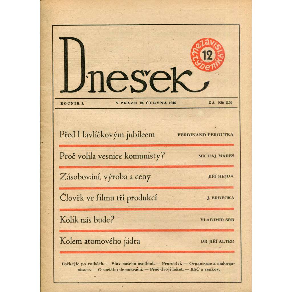 Dnešek, ročník I., číslo 12/1946. Nezávislý týdeník (13.6.1946) [Před Havlíčkovým jubileem, Proč volila vesnice komunisty? Kolem atomového jádra]