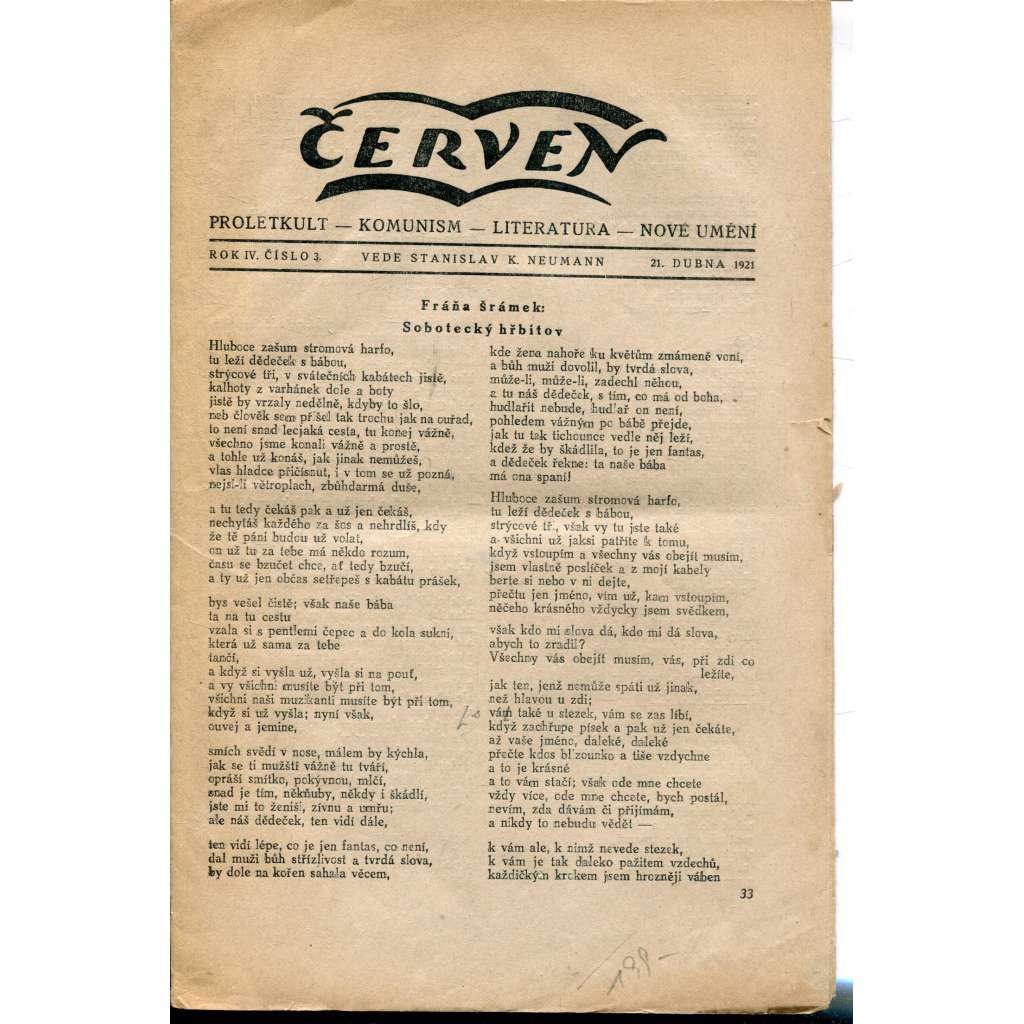 Červen, ročník IV., číslo 3/1921. Proletkult- komunism - literatura - nové umění (komunistická literatura, 1. republika, časopis, noviny)