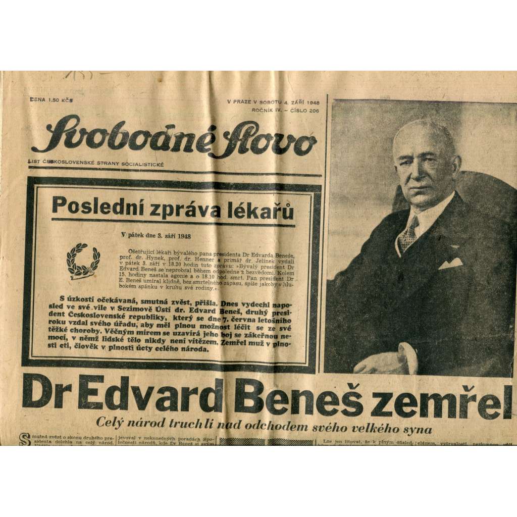Svobodné slovo (4.9.1948) - staré noviny, úmrtí, smrt Edvard Beneš