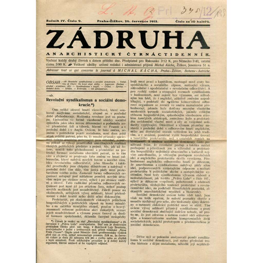 Zádruha (26.7.1912) Anarchistický čtrnáctidenník (časopis, noviny)