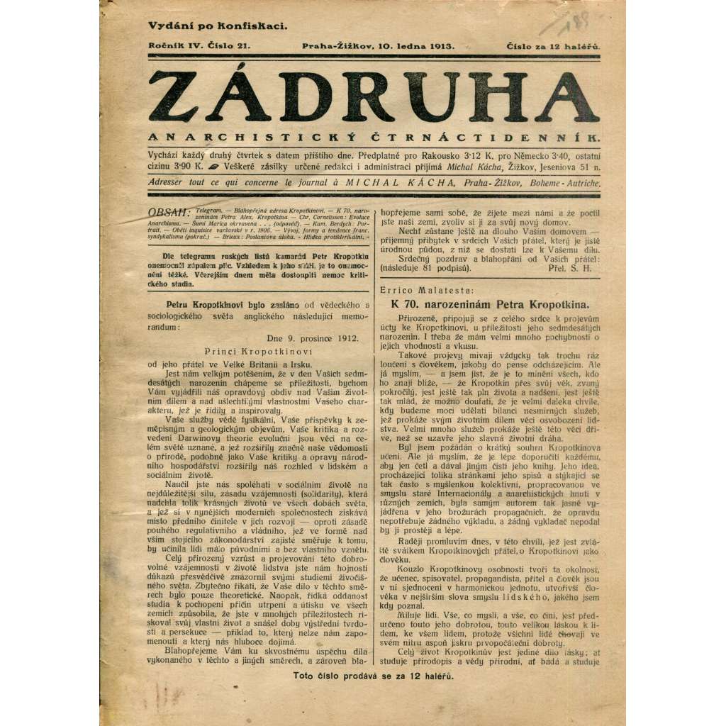 Zádruha (10.1.1913) Anarchistický čtrnáctidenník (časopis, noviny)