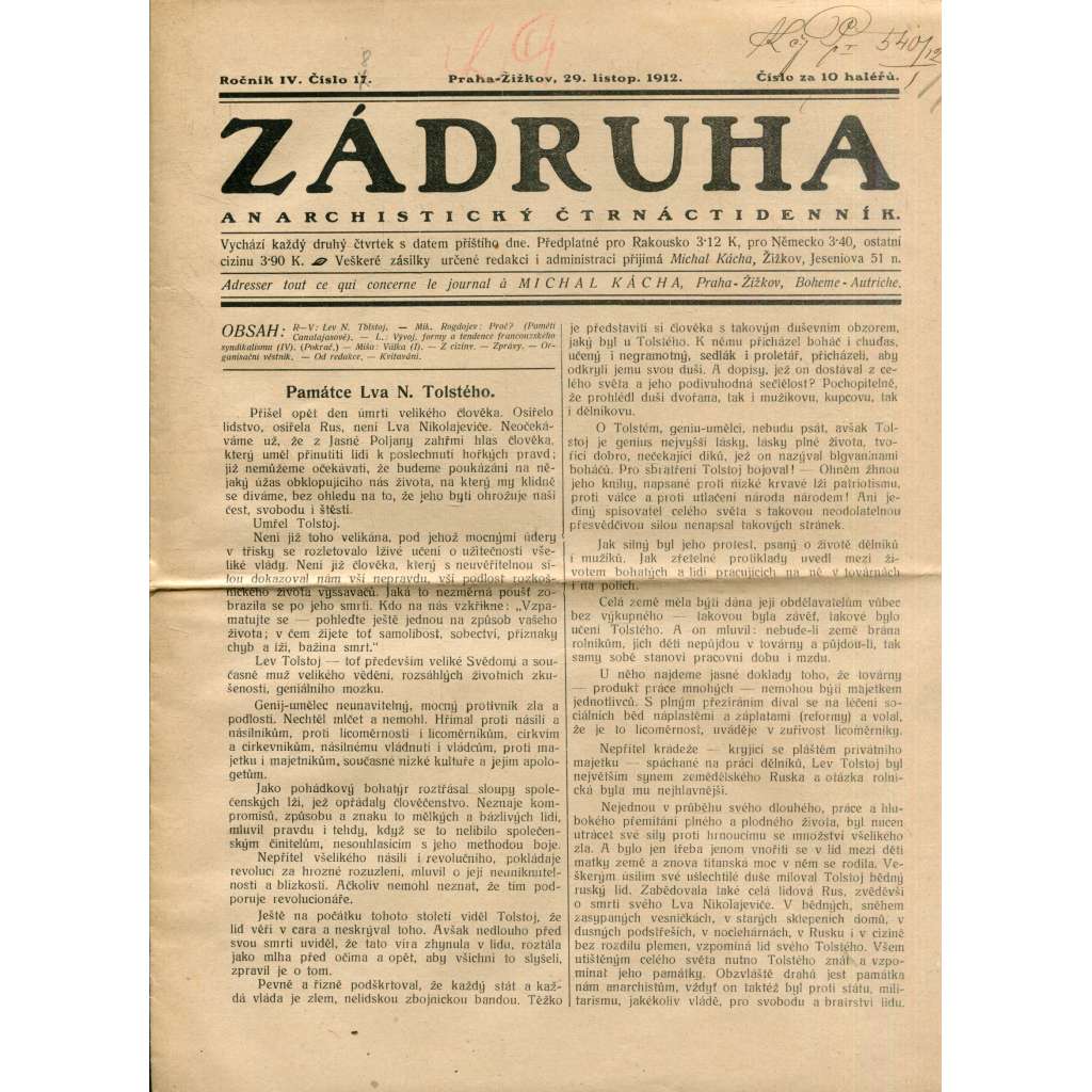 Zádruha (29.11.1912) Anarchistický čtrnáctidenník (časopis, noviny)
