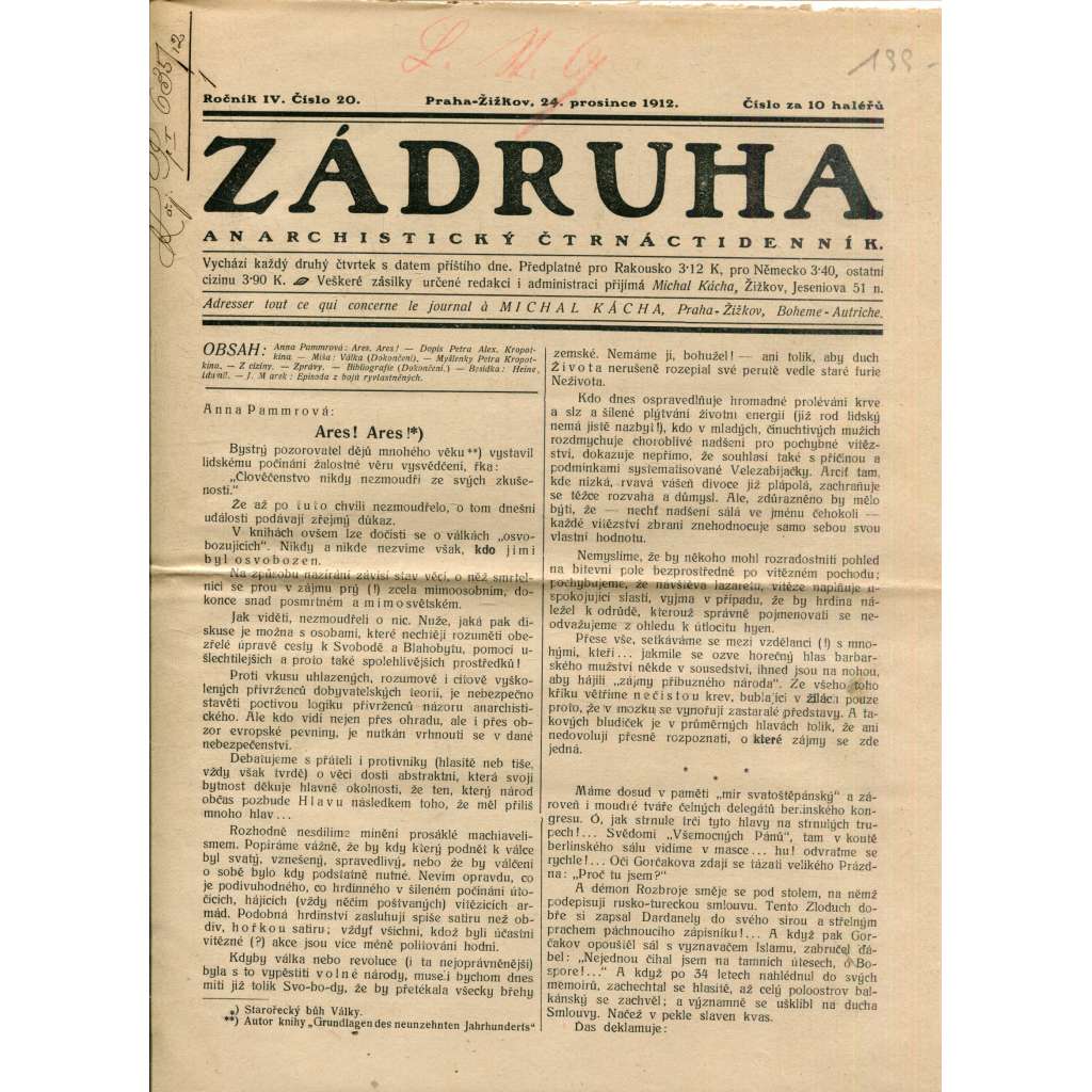 Zádruha (24.12.1912) Anarchistický čtrnáctidenník (časopis, noviny)