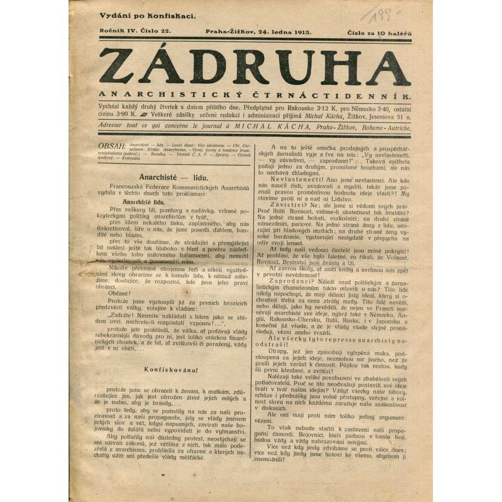 Zádruha (24.1.1913) Anarchistický čtrnáctidenník (časopis, noviny)