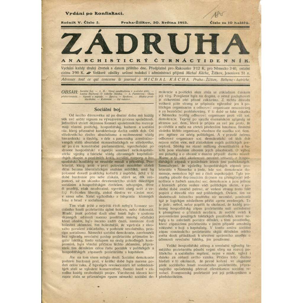 Zádruha (30.5.1913) Anarchistický čtrnáctidenník (časopis, noviny)
